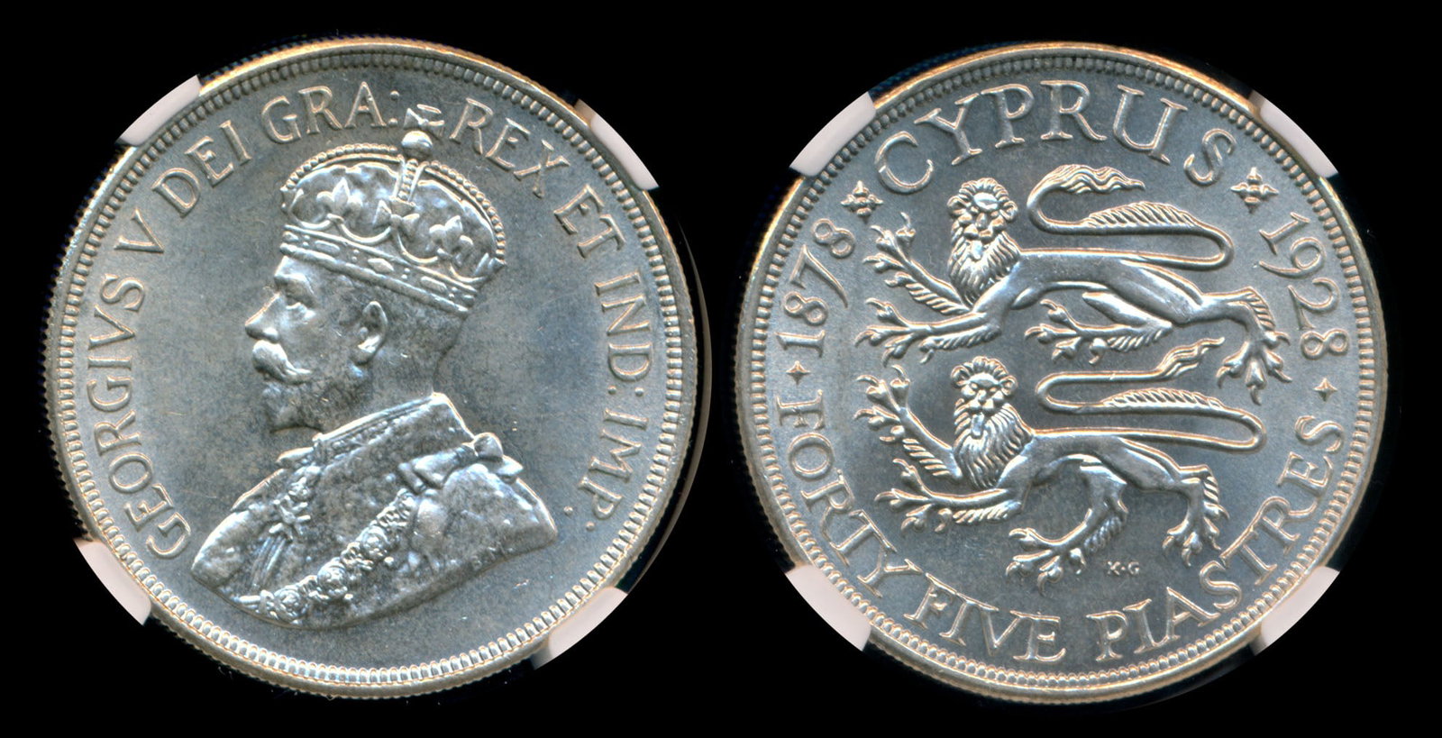 Cyprus KGV 45 Piastres 1928 NGC: Cyprus George V, 45 Piastres, (KM.19), 1928, NGC MS64. Magnificent mint-state condition.