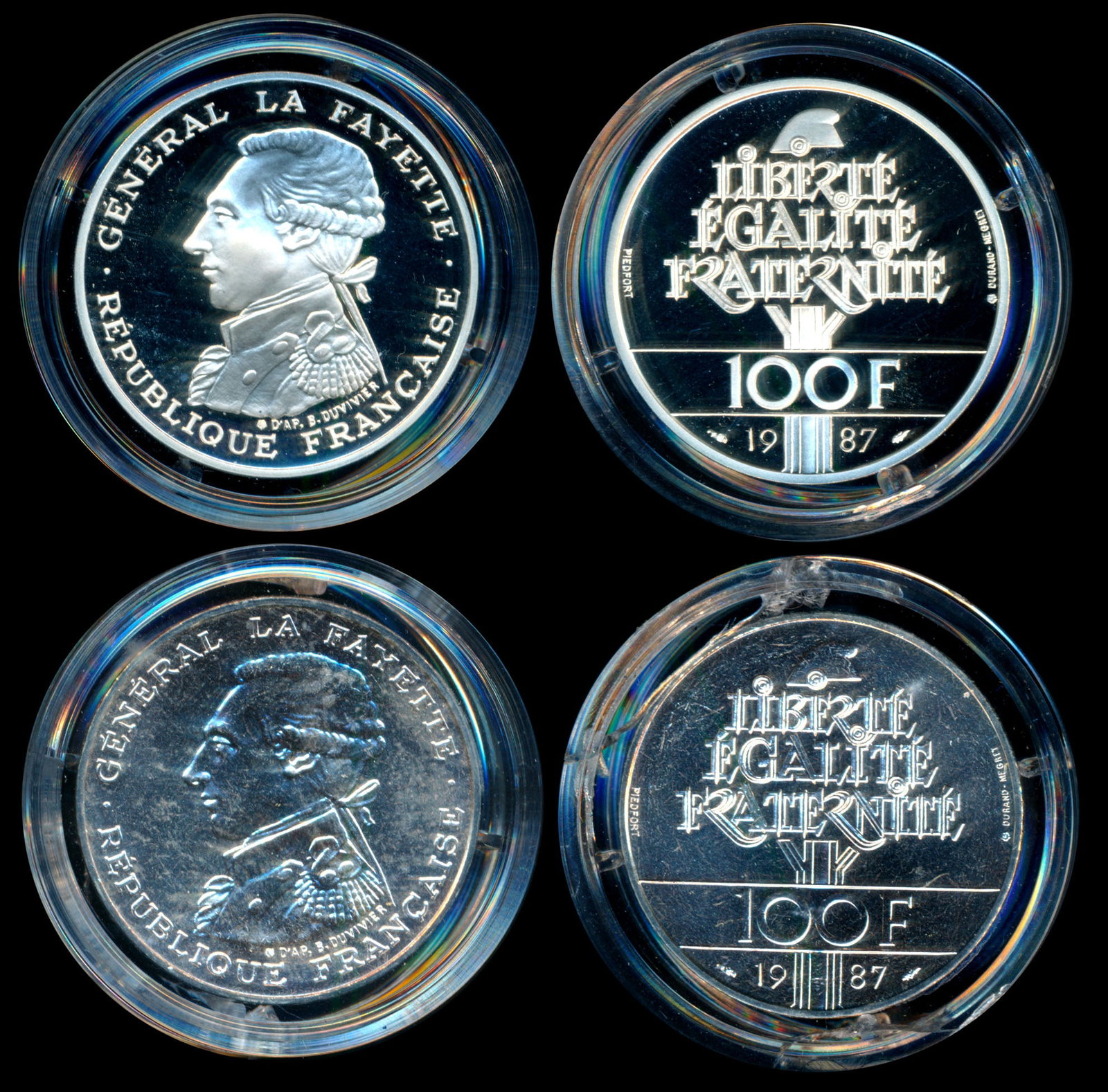 France 100 Francs La Fayette 1987 proof & BU: France 100 Francs, La Fayette, (KM.P991), 1987, 230th Anniversary of the birth of La Fayette. 1 proof and 1 BU, in original case (damaged), with certificate no. 03146. Viewing recommended, sold as is,