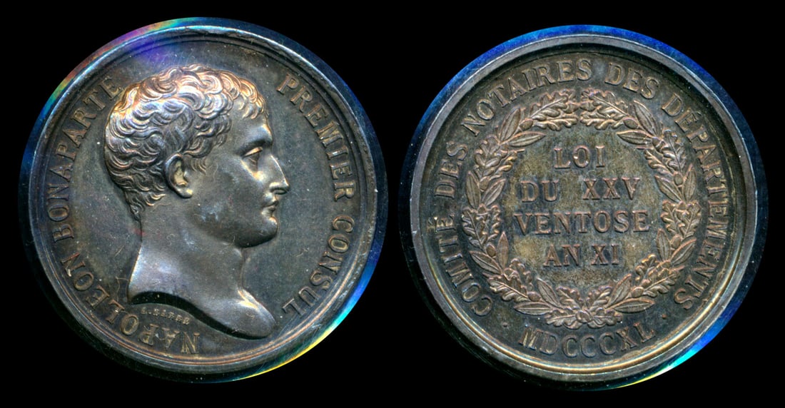 France Silver medal 31mm: France Silver medal, 31mm, Napoleon Premier Legal Department Notaries, 1800, by A. Barre. Sharp, high relief, toned. AU-UNC.