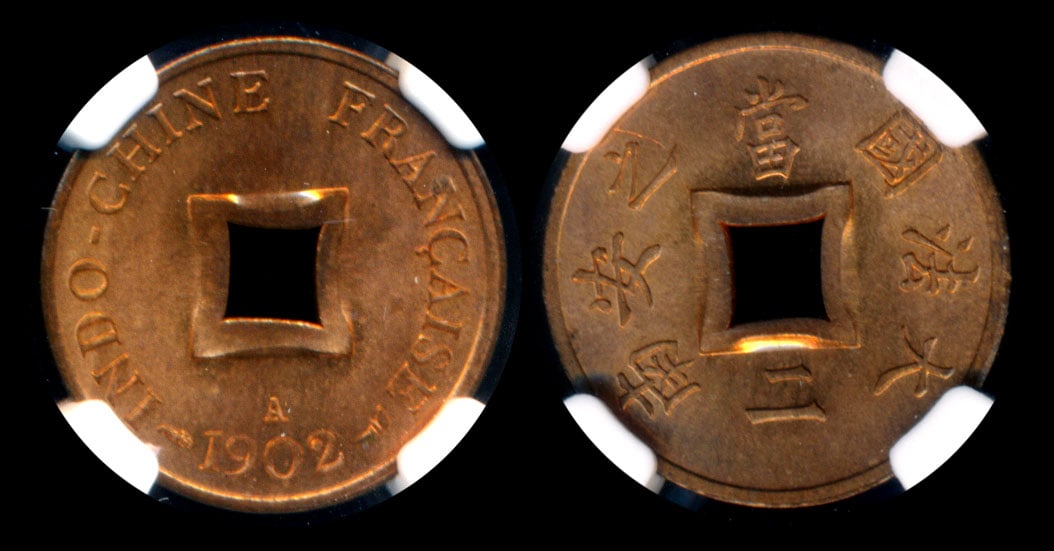 French Indo-China 2 Sapeque 1902A NGC: French Indo-China 2 Sapeque, (KM.6), 1902A, NGC MS65RD.
