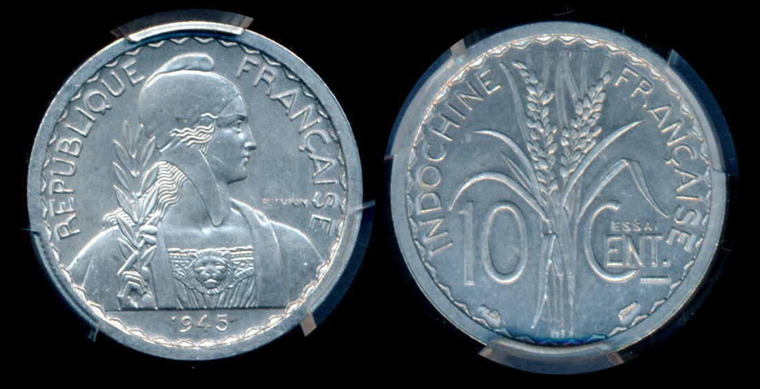 French Indo-China 10c 1945 Essai PCGS: French Indo-China 10 Cents, (KM.E38; Lec-185), 1945, Essai (Pattern), aluminum, PCGS SP64.