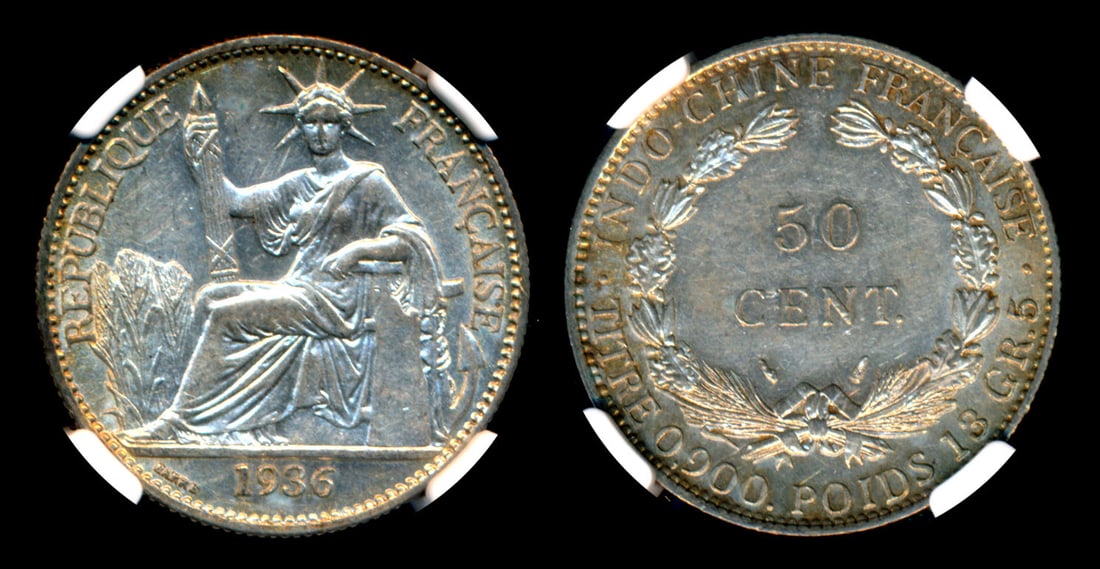 French Indo-China 50c 1936(a) NGC: French Indo-China 50 Cents, (KM.4a.2), 1936(a), NGC MS61.