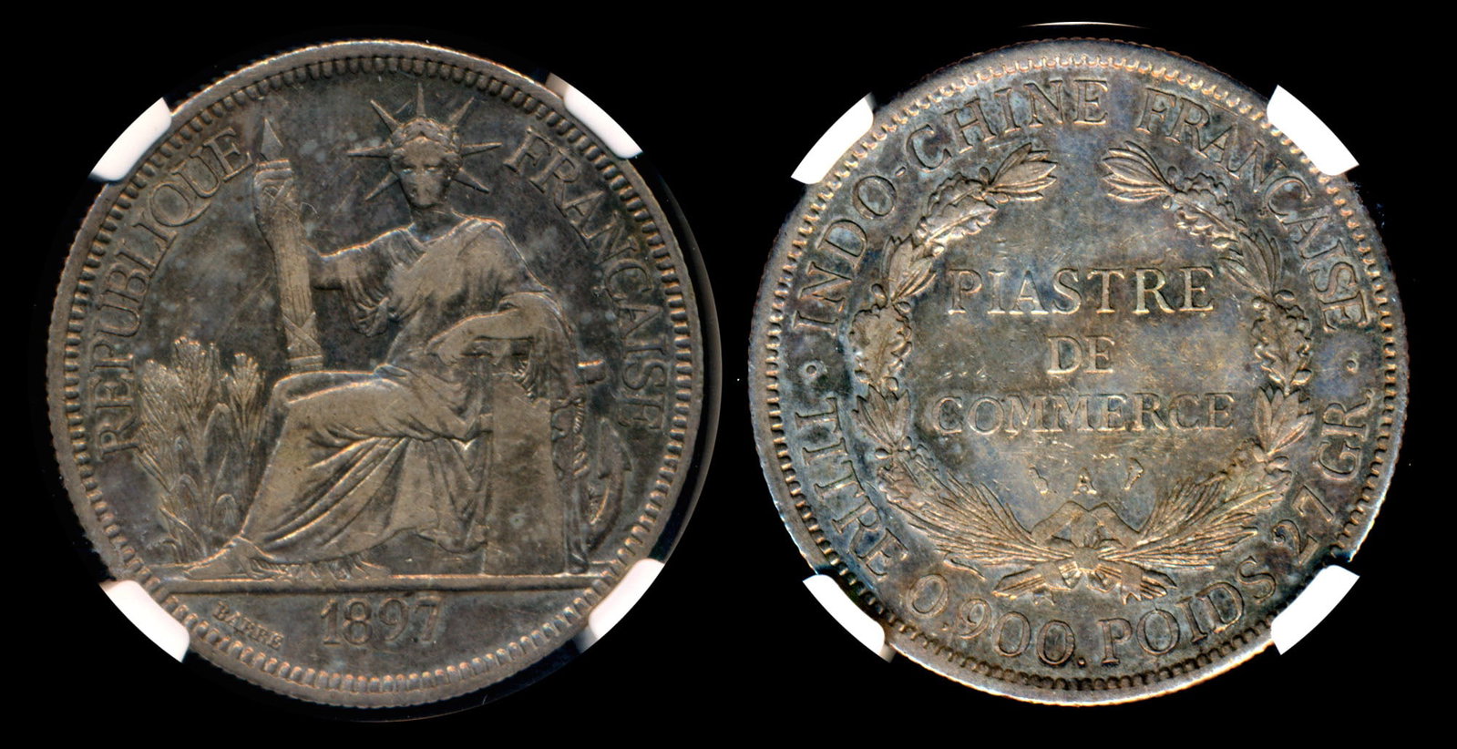 French Indo-China Piastre 1897A NGC: French Indo-China Piastre, (KM.5a.1), 1897A, NGC VF30.