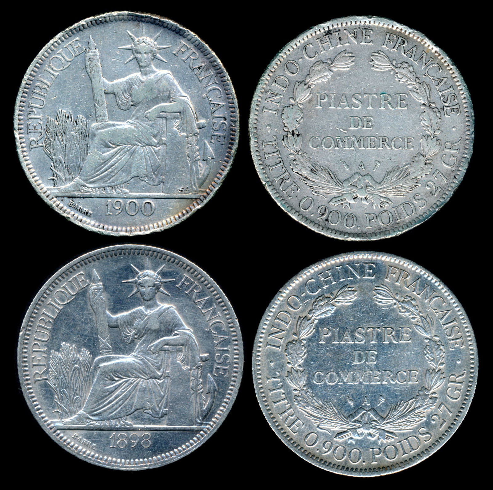 French Indo-China Piastre 1898A 1900A: French Indo-China Piastre, (KM.5), 1898A, 1900A, hairlines, toned, bagmarks, eks., EF. (2)