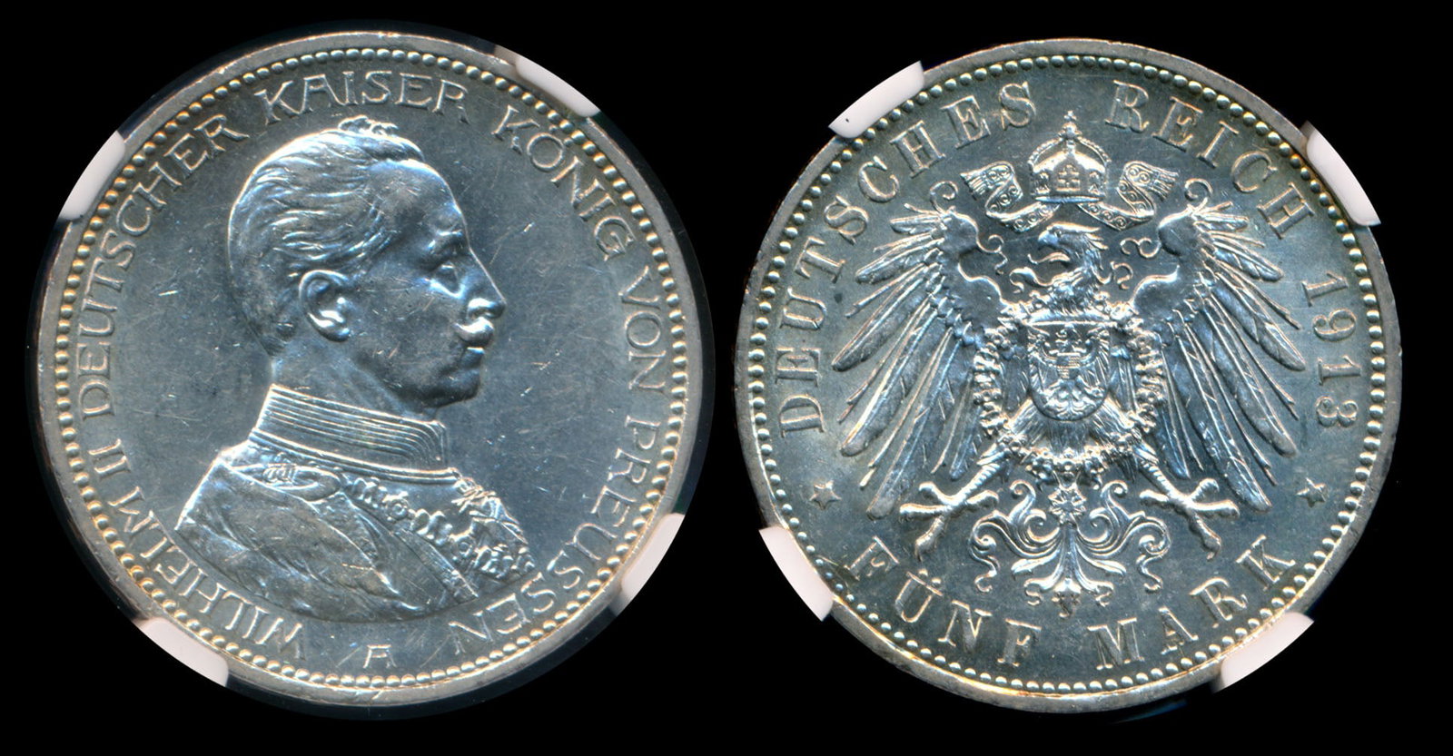 Germany Prussia Wilhelm II 5 Mark 1913A NGC: Germany Prussia, Wilhelm II, 5 Mark, (KM.536), 1913A, NGC AU Details - surface hairlines.