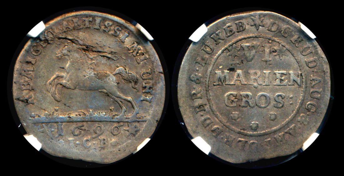 Germany German States 1/6 Thaler 1696 ICB: Germany German States, Brunswick-Wolfenbuttel, 1/6 Thaler, (KM.611), 1696 ICB, NGC VF Details - cleaned.