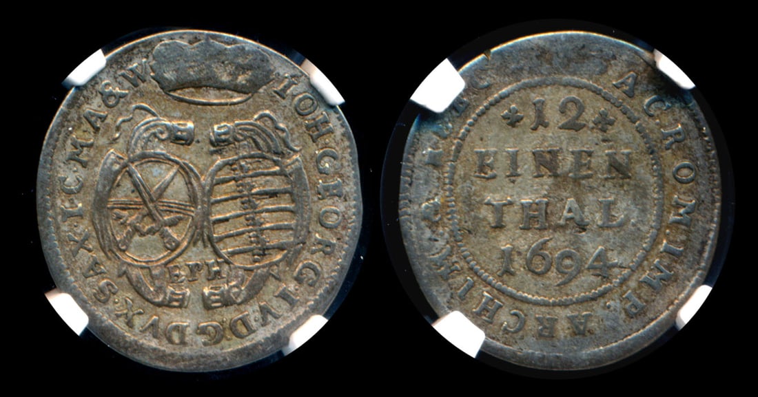 Germany German States Saxony 1/12Thaler 1694: Germany German States, Saxony, 1/12 Thaler, (KM.638), 1694 EPH, Johann Georg IV, NGC XF45. Scarce.