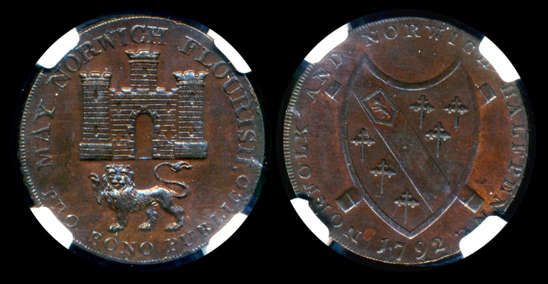 Great Britain 1/2 Penny token 1792 NGC: Great Britain Norfolk, Norwich, Half Penny token, 1792, D&H-14, Edge: Payable at N.Bolingbrok, NGC MS63BN.