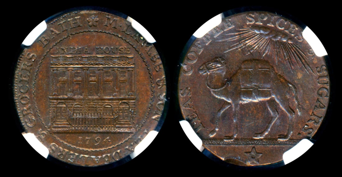 Great Britain 1/2 Penny token 1794 NGC: Great Britain Somersetshire, Half Penny token, 1794, D&H-50E, Bath, Edge: YORK BUILT A.M. 1223, NGC MS63BN. View of the Old East India House on reverse.
