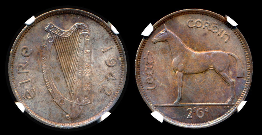 Ireland 1/2 Crown 1942 NGC: Ireland Half Crown, (KM.16), 1942, NGC MS65. High grade. Rainbow toned.