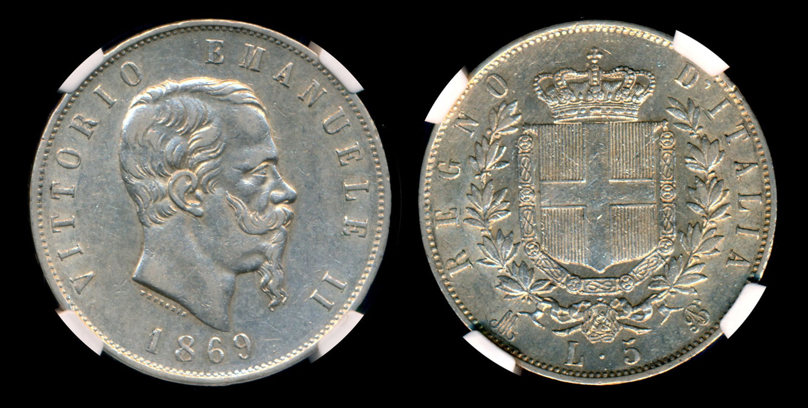 Italy Vittorio Emanuele II 5 Lire 1869M: Italy Vittorio Emanuele II, 5 Lire, (KM.8.3), 1869M BN, NGC XF45.