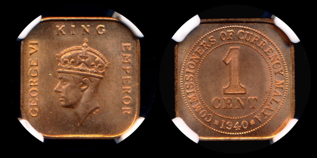 Malaya KGVI 1c 1940 NGC: Malaya George VI, Cent, (KM.2), 1940, NGC MS65RD.
