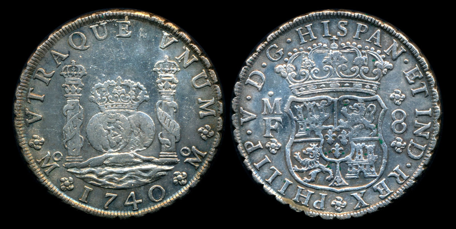 Mexico Philip V 8 Reales 1740 MF: Mexico Philip V, 8 Reales, (KM.103), 1740 MF, bagmarks, hairlines, verdigris, EF.