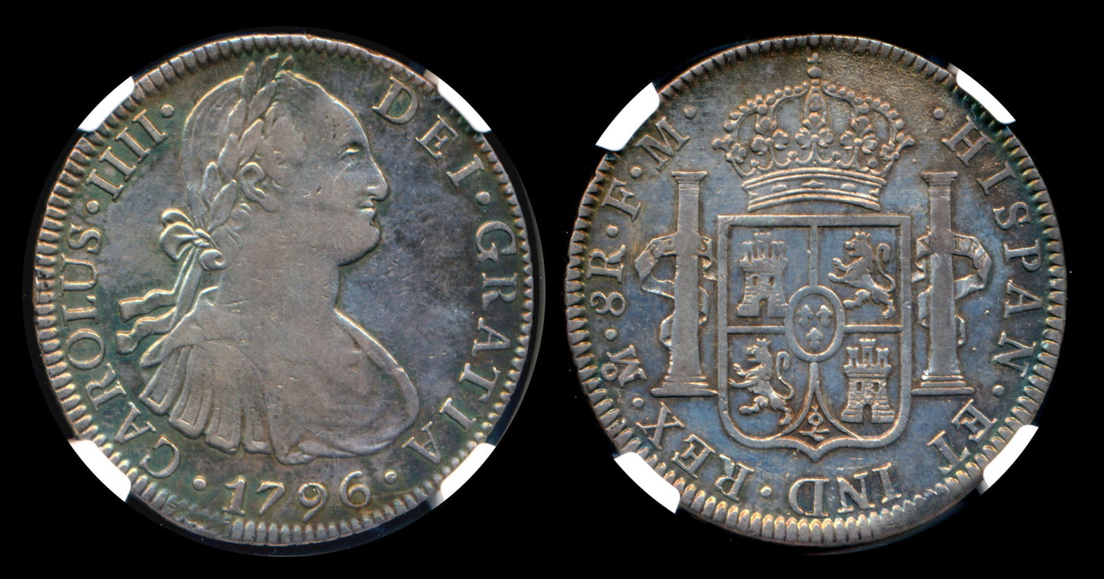 Mexico Charles IV 8 Reales 1796MO FM NGC: Mexico Charles IV, 8 Reales, (KM.109), 1796MO FM, NGC VF Details - cleaned.