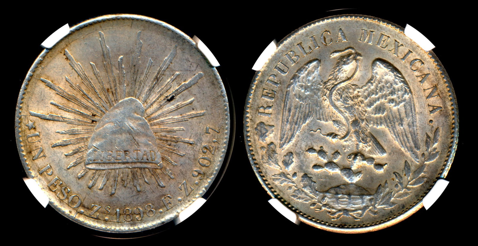 Mexico Second Republic Peso 1898ZS FZ NGC: Mexico Second Republic, Peso, (KM.409.3), 1898ZS FZ, NGC AU58.