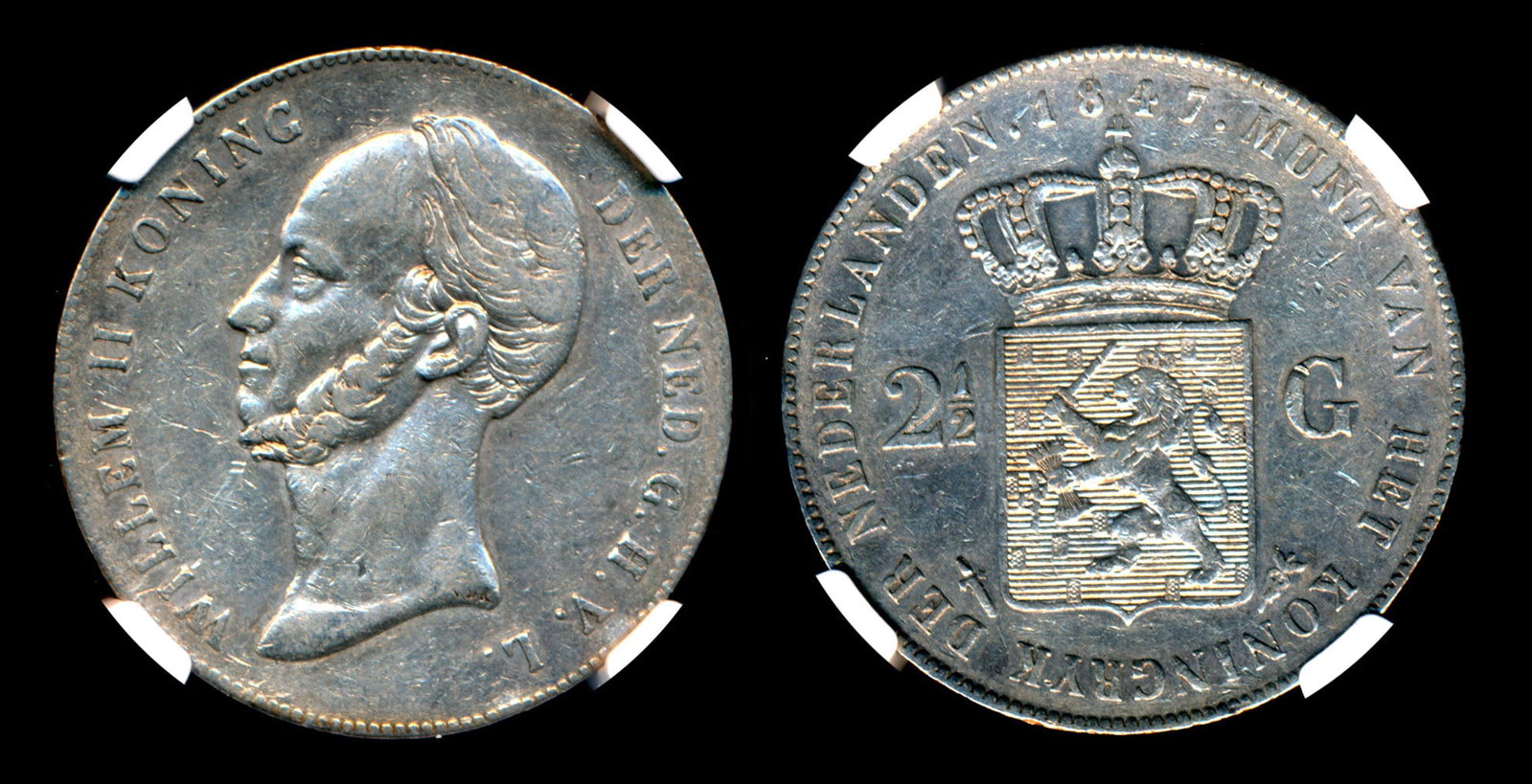 Netherlands Willem II 2-1/2 Gulden 1847 NGC: Netherlands Willem II, 2-1/2 Gulden, (KM.69), 1847, NGC XF45. Grey toned.