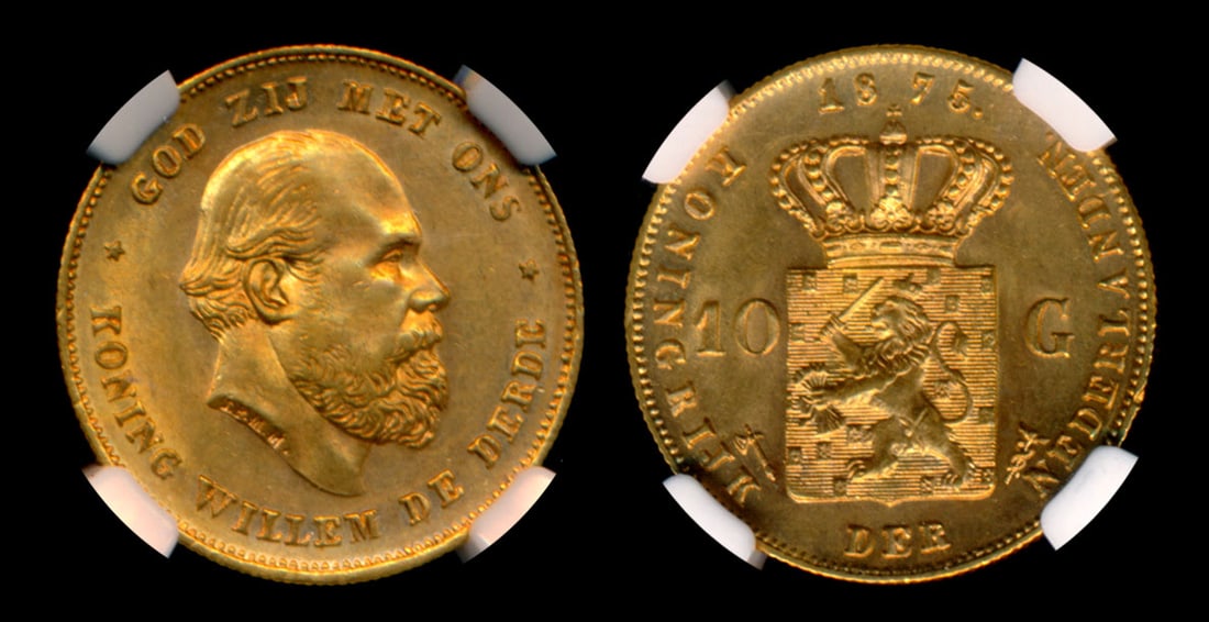 Netherlands Willem III 10 Gulden 1875 gold: Netherlands Willem III, 10 Gulden, (KM.105), 1875, gold, NGC MS63.