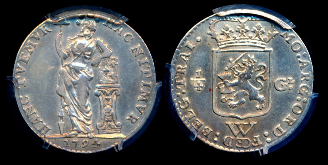 Netherlands West Indies 1/4 Gulden 1794 PCGS: Netherlands West Indies Quarter Gulden, (KM.2), 1794, PCGS Genuine, XF Details - cleaning. Scarce.