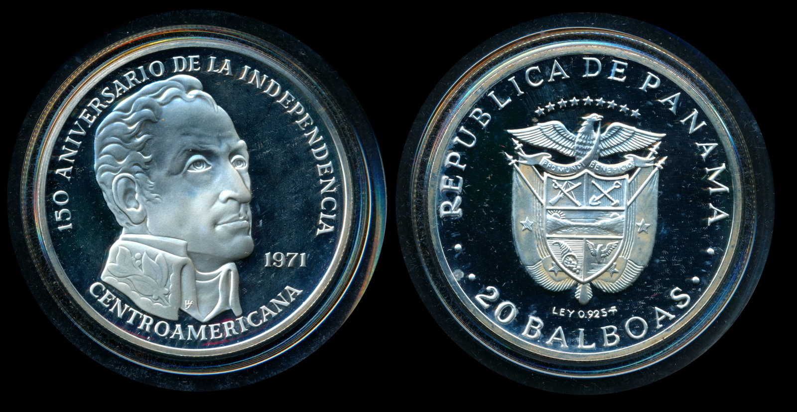 Panama 20 Balboas 1971 silver proof: Panama 20 Balboas, (KM.29), 1971, silver, proof, 150th Anniversary of Central American Independence, in clear protective holder, in a presentation box (foxing and damaged). Viewing recommended, sold a