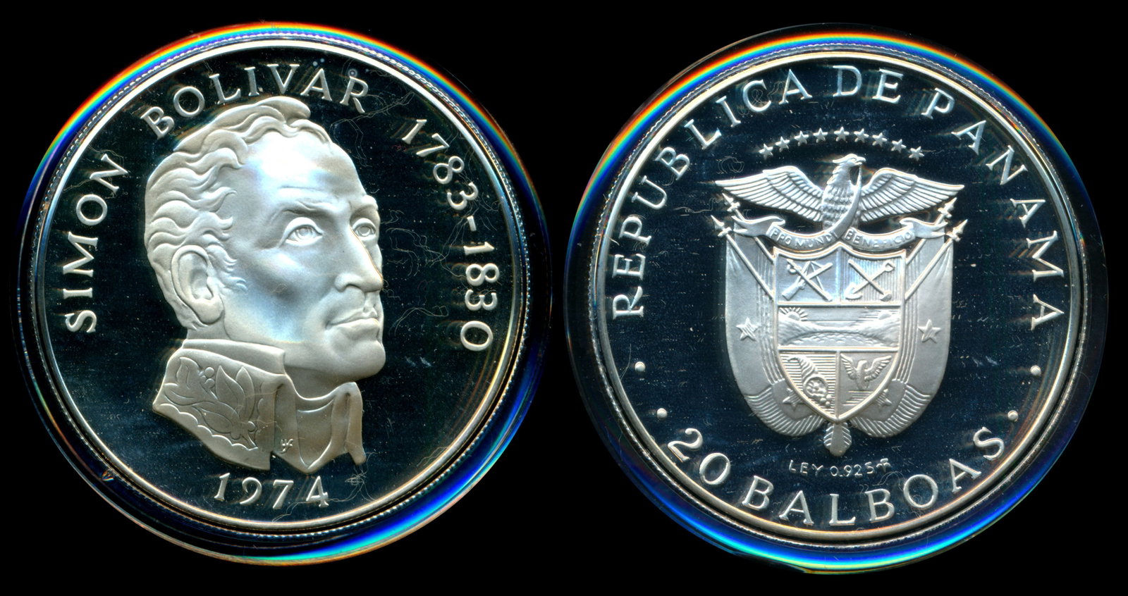 Panama 20 Balboas 1974 .925 silver proof: Panama 20 Balboas, (KM.31), 1974, .925 silver proof, diameter 61mm, choice BU. in capsule, with box (damaged) and certificate. Viewing recommended, sold as is, no return.