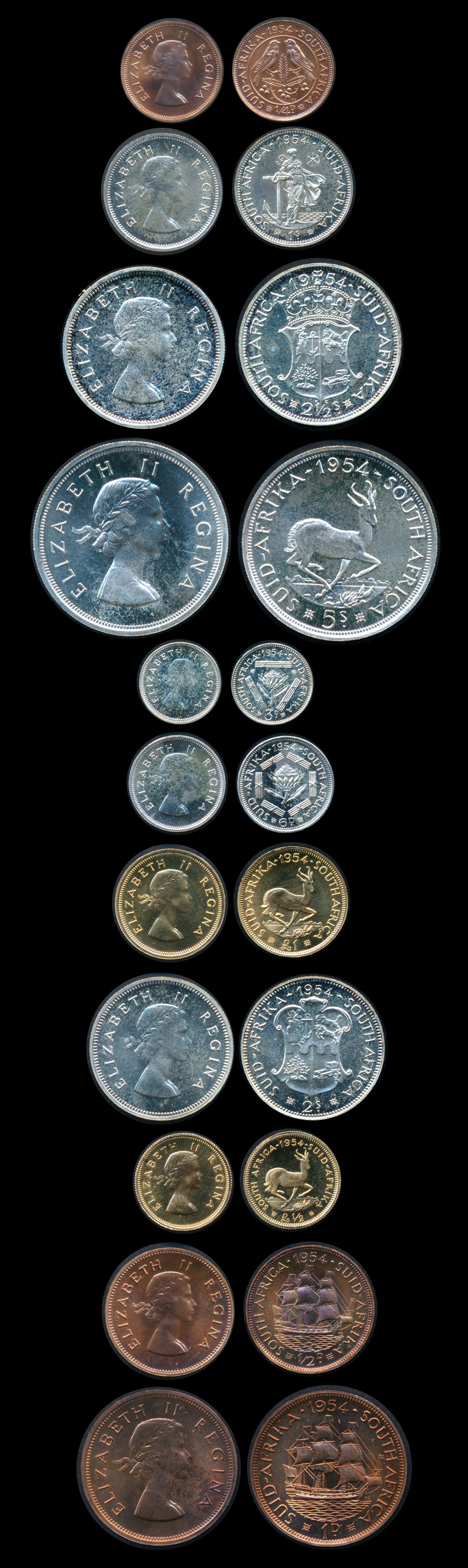 South Africa 1954 1/4 Penny-Pound Proof Set: South Africa 1954 South Africa Proof Set, 11 pieces, Quarter Penny to Pound, (KM.PS29), including the gold Half and One Pound, in box (foxing and damaged). Low mintage 875 sets, thus rare. Viewing rec