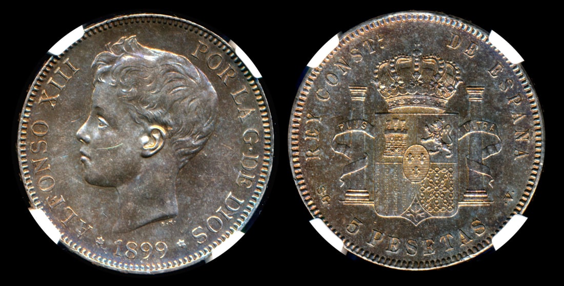 Spain Alfonso XIII 5 Pesetas 1899 (99) SGV: Spain Alfonso XIII, 5 Pesetas, (KM.707), 1899 (99) SGV, NGC UNC Details - surface hairlines. Lustrous toned.