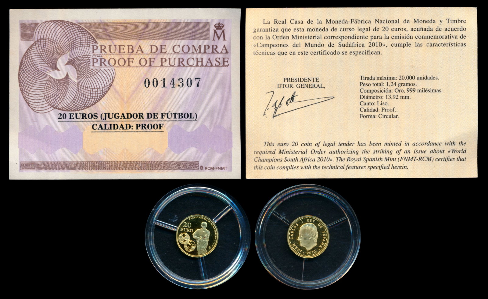 Spain Juan Carlos I 20 Euros 2010 gold proof: Spain Juan Carlos I, 20 Euros, (KM.1177), 2010, gold, proof, in capsule, with proof of purchase no. 0014307.
