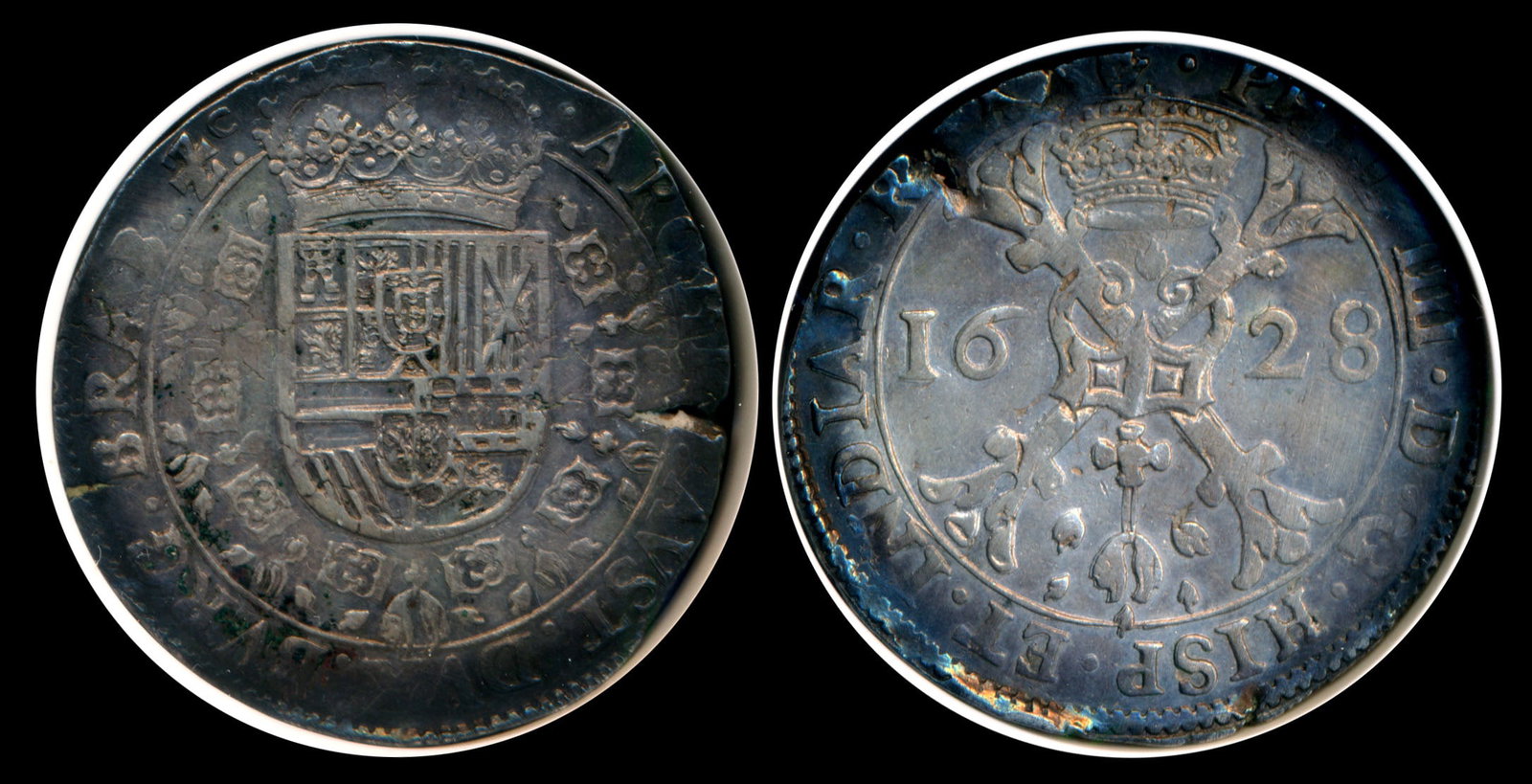 Spanish NL Philip IV 1 Patagon 1628 NGC: Spanish Netherlands Brabant, Philip IV, 1 Patagon, (KM.53.1; DAV-4462), 1628, Antwerp mint, NGC XF Details - harshly cleaned. Planchett crack 3 o'clock. Old cleaning. Retoned. Lustrous.