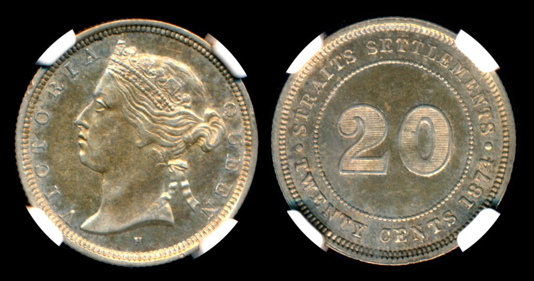Straits Settlements QV 20c 1874H NGC AU55 (1 of 1)