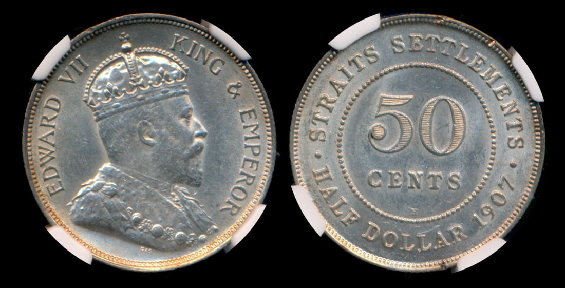 Straits Settlements KEVII 50c 1907H NGC: Straits Settlements Edward VII, 50 Cents, (KM.24), 1907H, NGC AU Details - surface hairlines.