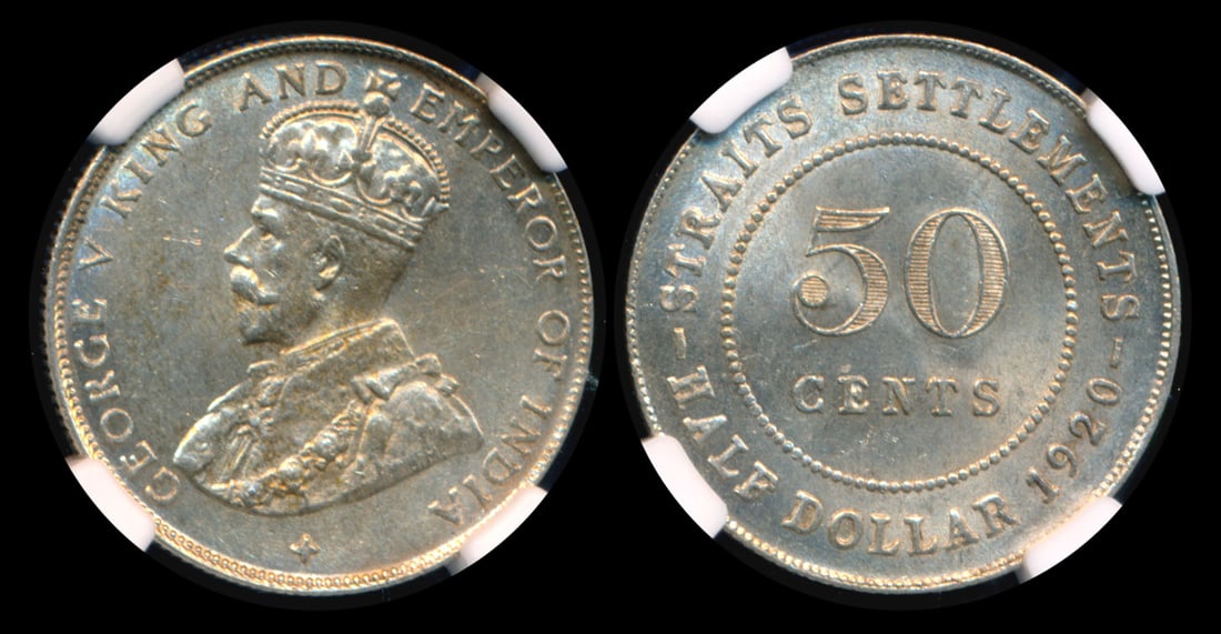 Straits Settlements KGV 50c 1920 NGC: Straits Settlements George V, 50 Cents, (KM.35.1), 1920, cross below bust, NGC MS62.