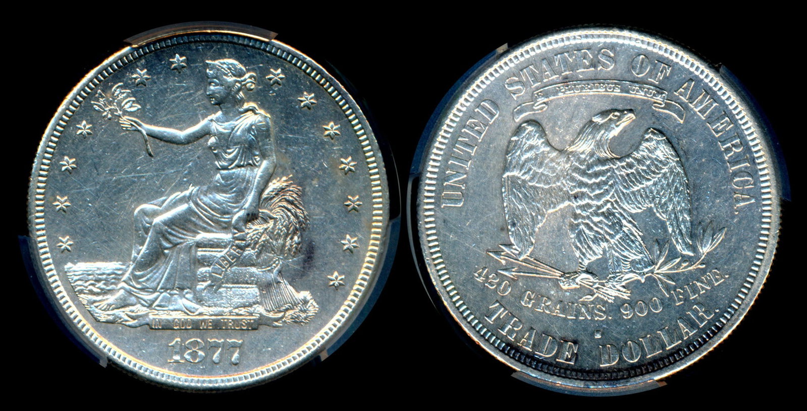 United States Liberty Trade Dollar 1877S: United States Liberty, Trade Dollar, (KM.108), 1877S, PCGS Genuine, AU Detail - harshly cleaned.