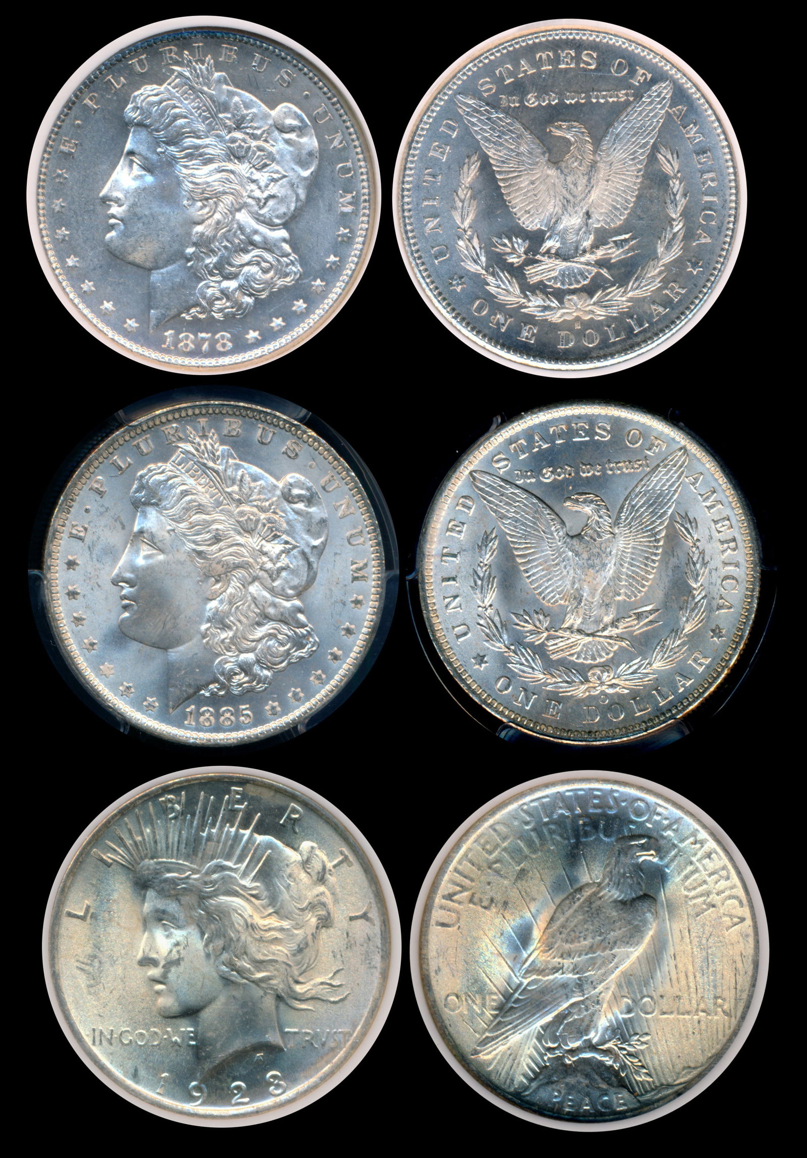 United States 3x$1 1878S 1885O 1923: United States Morgan Dollar, (KM.110), 1878S, 1885O, graded NGC MS64 and PCGS MS65 respectively. Peace Dollar, (KM.150), 1923, NGC MS65. Beautiful pieces. (3)