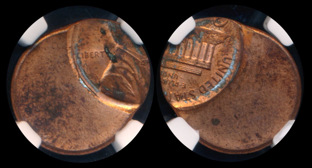 United States 1c no date mint error NGC: United States Lincoln Cent, no date, mint error, struck 60% off center, NGC MS62RB.