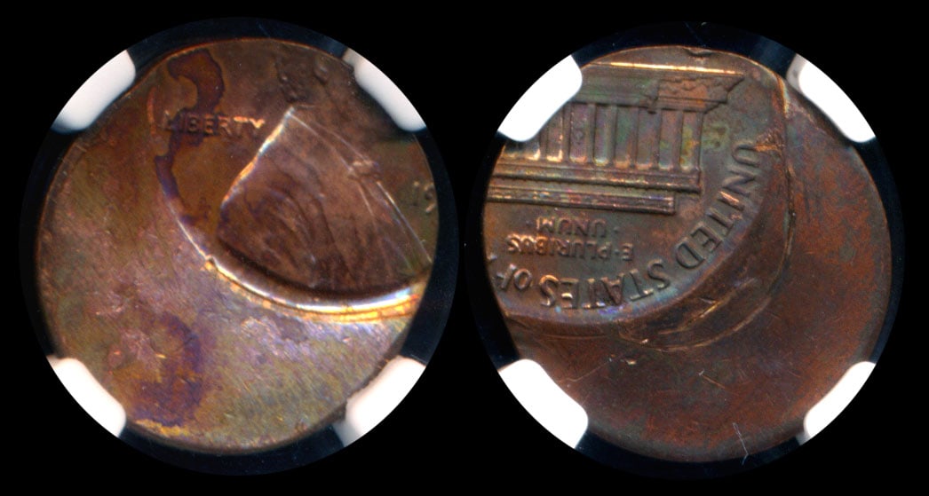 United States 1c no date mint error NGC: United States Lincoln Cent, no date, mint error, struck 45% off center, NGC MS62RB.