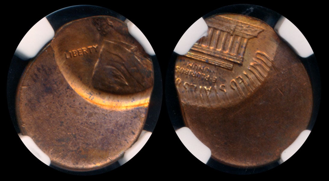 United States 1c no date mint error NGC: United States Lincoln Cent, no date, mint error, struck 55% off center, NGC MS63RB.