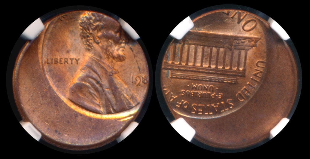 United States 1c 198X mint error NGC: United States Lincoln Cent, 198X, mint error, struck 35% off center, NGC MS64RB.