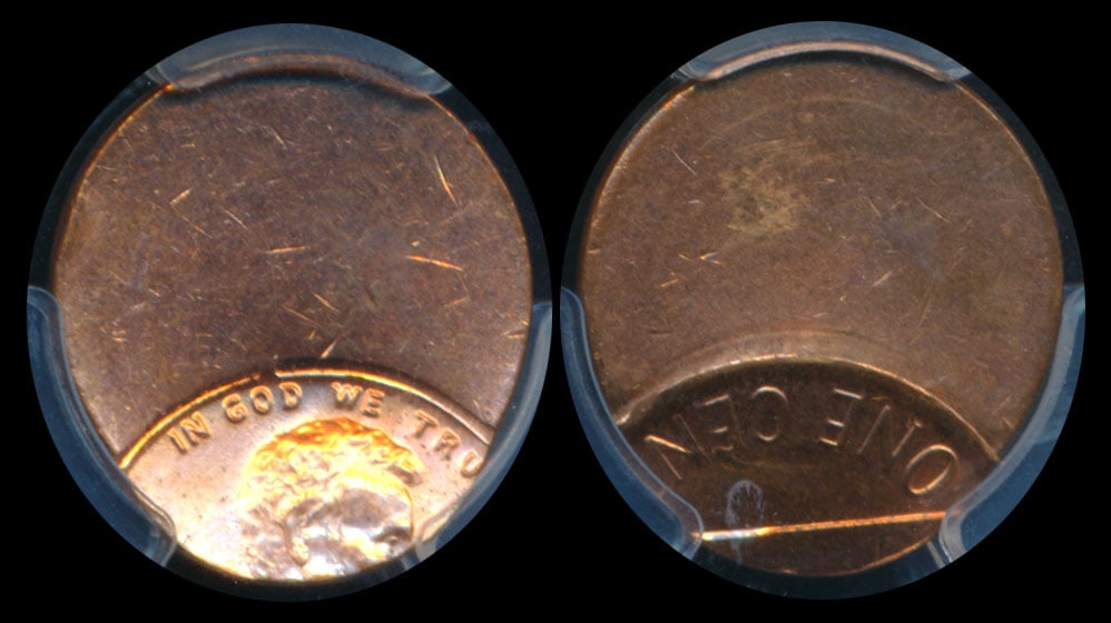 United States 1c no date mint error PCGS: United States Cent, no date, mint error, struck 70% off-center, PCGS Genuine, UNC Details - spot removed.