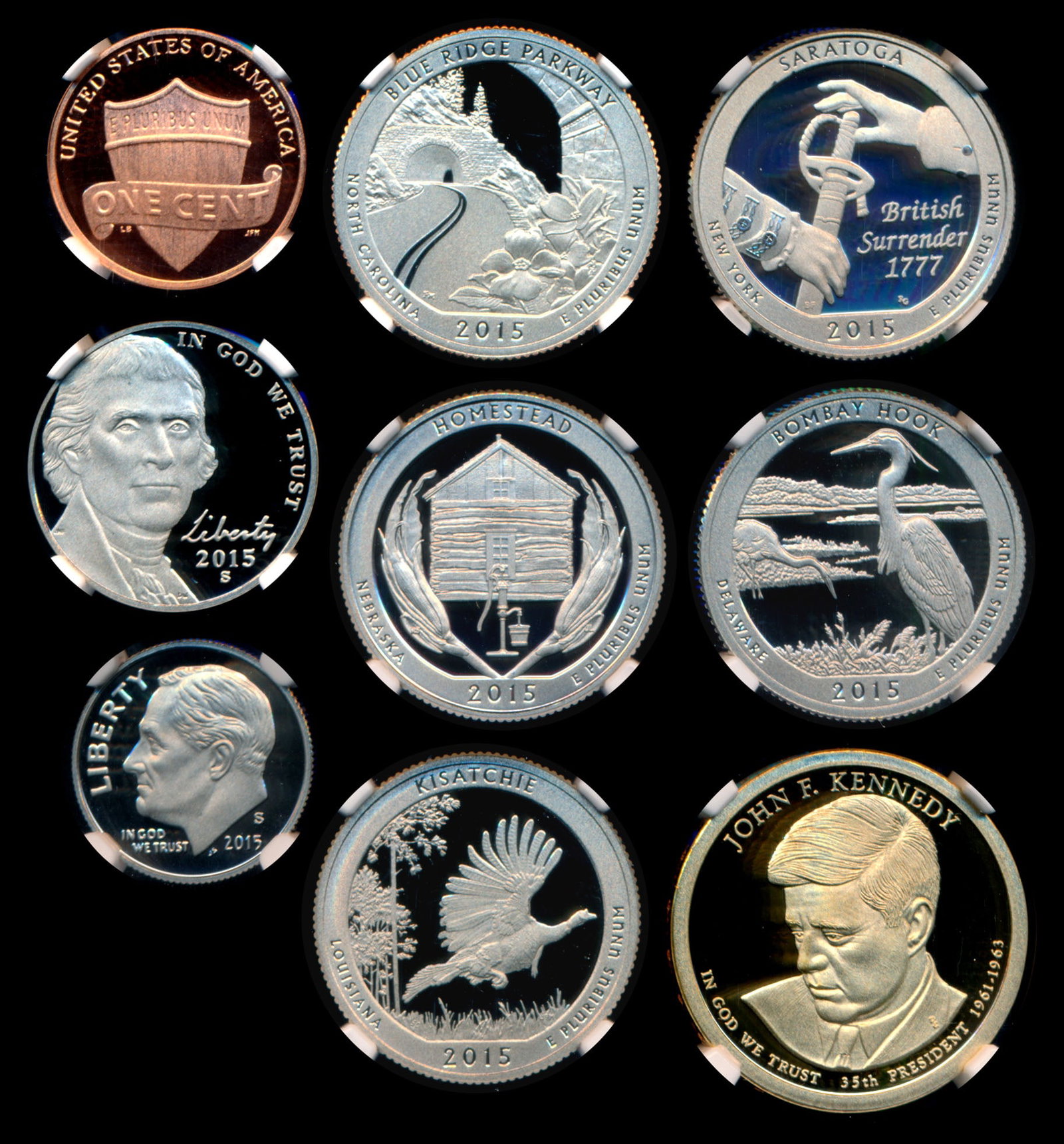United States 14-coin Clad Proof Set 2015-S: United States 14-coin Clad Proof Set, 2015-S; Cent, NGC PF70 RD Ultra Cameo; 5 Cents, 1 Dime, Quarter Dollar (5), Half Dollar, Dollar (5), graded PF70 Ultra Cameo. First Day of Issue. (14)