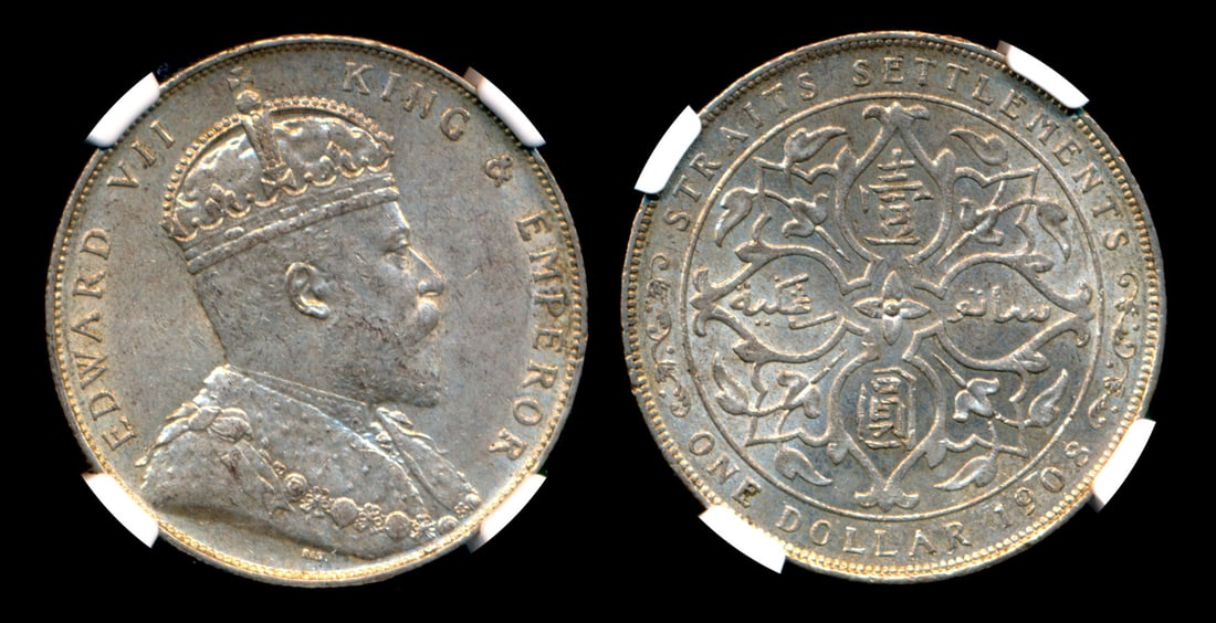 Straits Settlements KEVII $1 1908 NGC: Straits Settlements Edward VII, Dollar, (KM.26), 1908, NGC AU58.