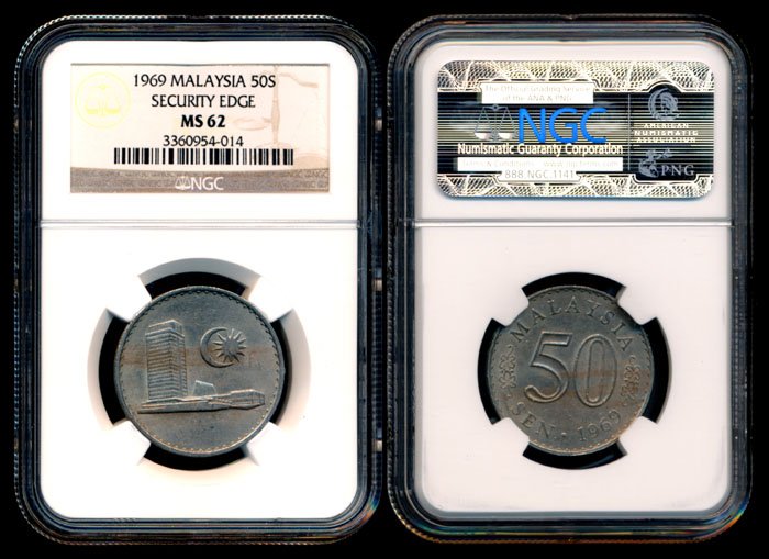 Malaysia 50c 1969 with security edge NGC: Malaysia 50 Cents, (KM.5.1), 1969, with security edge, NGC MS62.
