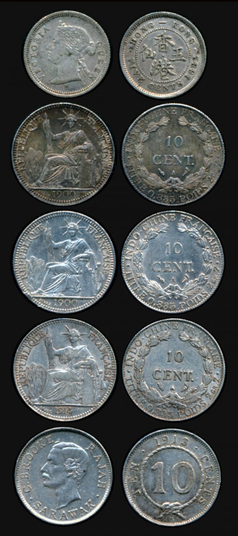 World coins of Hong Kong Sarawak etc: World A small collection, Hong Kong: Victoria, 5 Cents, (KM.5), 1882H; French Indo-China: 10 Cents, (KM.9), 1900 (2), 1914; Sarawak: C. Brooke, 10 Cents, (KM.9), 1913H; VF-AU. Sold as is, no return. (
