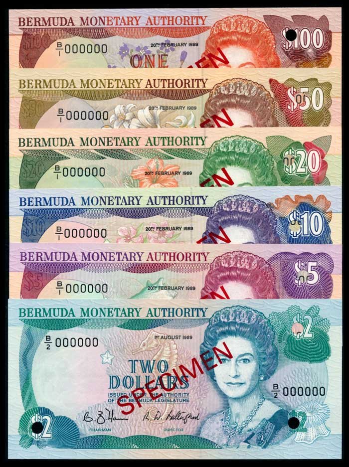 6 Bermuda $2-$100 1989 QEII specimens: Bermuda Bermuda Monetary Authority, $2, $5, $10, $20, $50, $100, 1989, Queen Elizabeth II, specimens, (P.34s to 39s), $2 serial no. B/2 000000, others B/1 000000, "SPECIMEN" ovpts. and official punch