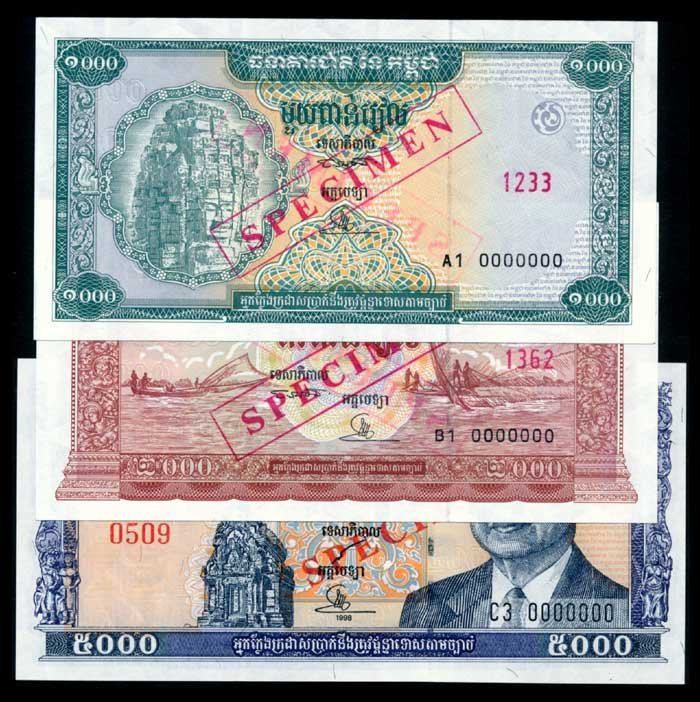 3 Cambodia 1000-5000 Riels 1995-98 specimens: Cambodia National Bank of Cambodia, 1000, 2000 Riels, ND (1995); 5000 Riels, 1998, specimens, (P.44s to 46s), 1000 Riels serial no. A1 0000000, specimen no. 1233; 2000 Riels serial no. B1 0000000, spe