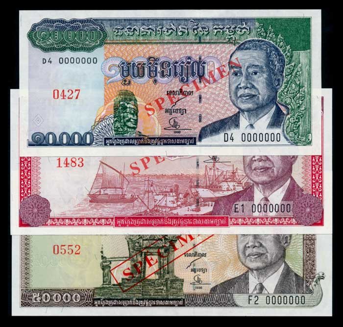 3 Cambodia 10000-20000Riels 1995-98 specimen: Cambodia National Bank of Cambodia, 10000, 50000 Riels, 1998; 20000, Riels, ND (1995); specimens, (P.47s to 49s), 10000 Riels serial no. D4 0000000, specimen no. 0427; 20000 Riels serial no. E1 000000