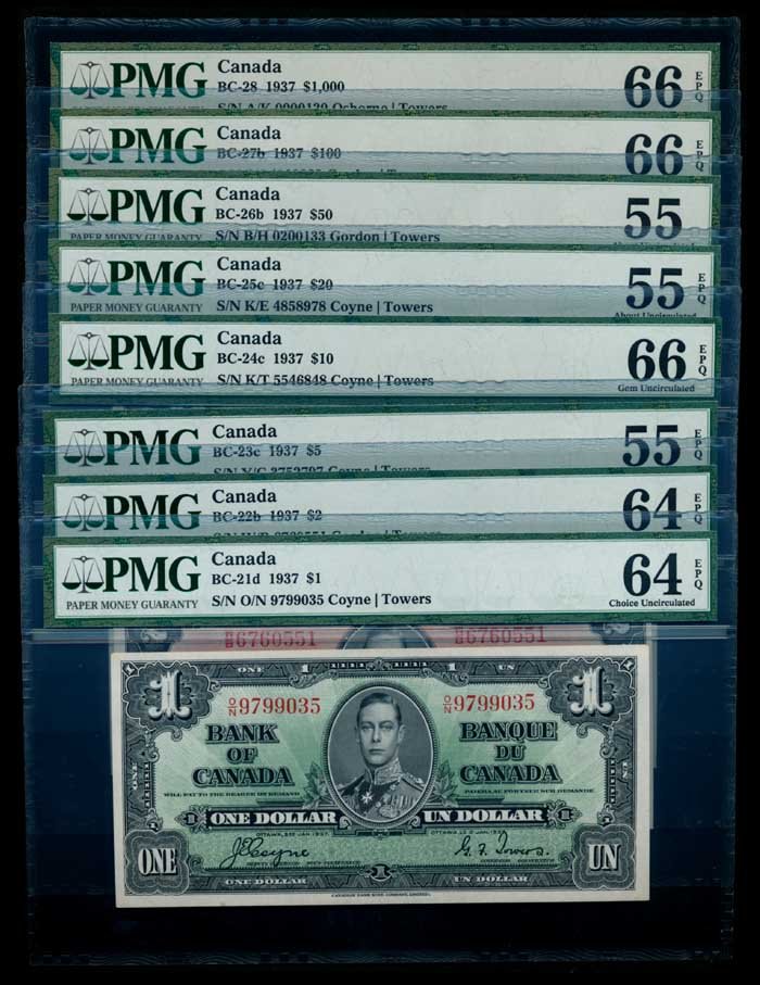 Canada 1937 $1-$1000 PMG (8): Canada Bank of Canada, 1937, $1, $2, $5, $10, $20, $50, King George VI; $100, John A. MacDonald; $1000, Wilfred Laurier; $1, $5, $10, $20, signs. Coyne/Towers, (P.58e, 60c, 61c, 62c; BC-21d, 23c, 24c,