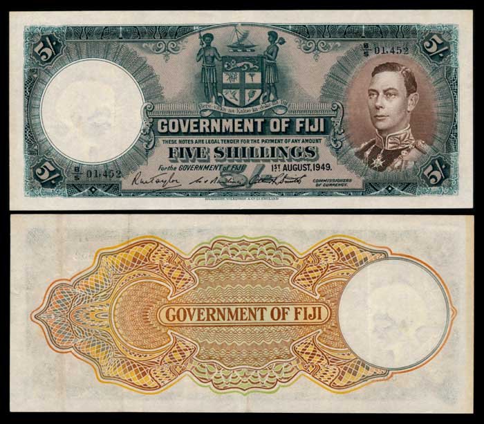 Fiji 5 Shillings 1949 KGVI GVF: Fiji 5 Shillings, 1 August 1949, King George VI, (P.37i), serial no. B/5 01452, GVF.