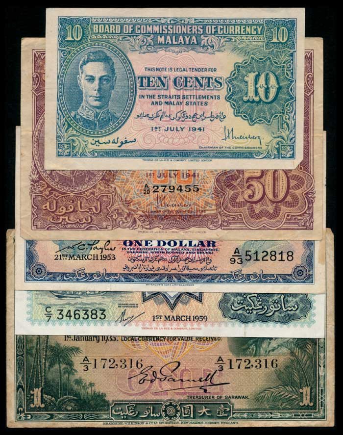 World banknotes of Malaya Sarawak etc (5): World Malaya: 10, 50 Cents, 1 July 1941, King George VI, (P.8, 10a; Tan M4, M7), 50 Cents serial no. A/20 279455; Malaya & British Borneo: $1, 21 March 1953, Queen Elizabeth II, (P.1a; Tan M18), seria