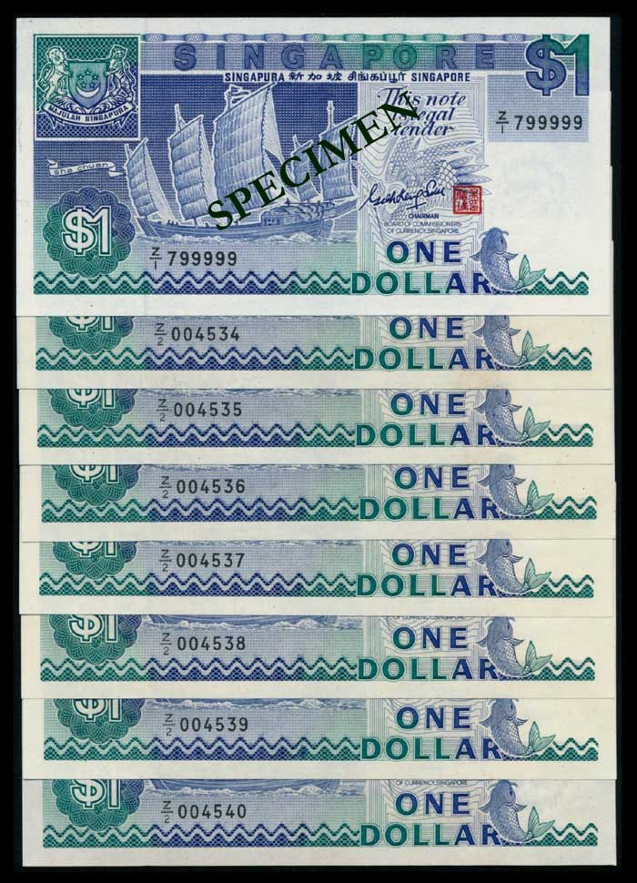 8 Singapore $1 1987 ship GKS replacement: Singapore $1, (1987), ship, sign. Goh Keng Swee, serial nos. Z/1 799999, Z/2 004534 to 540 (consecutive), all replacement notes, AU-UNC. (8)