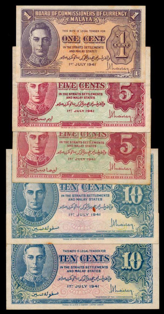 60 Malaya 17x1c 10x5c 33x10c 1941 KGVI: Malaya Cent (17), 5 Cents (10), 10 Cents (33), 1 July 1941, King George VI, (P.6, 7a, 7b, 8; Tan M2, M3 (6), M3a (4), M4 (24), M4a (9)), some with foxing, fine to AU. (60)